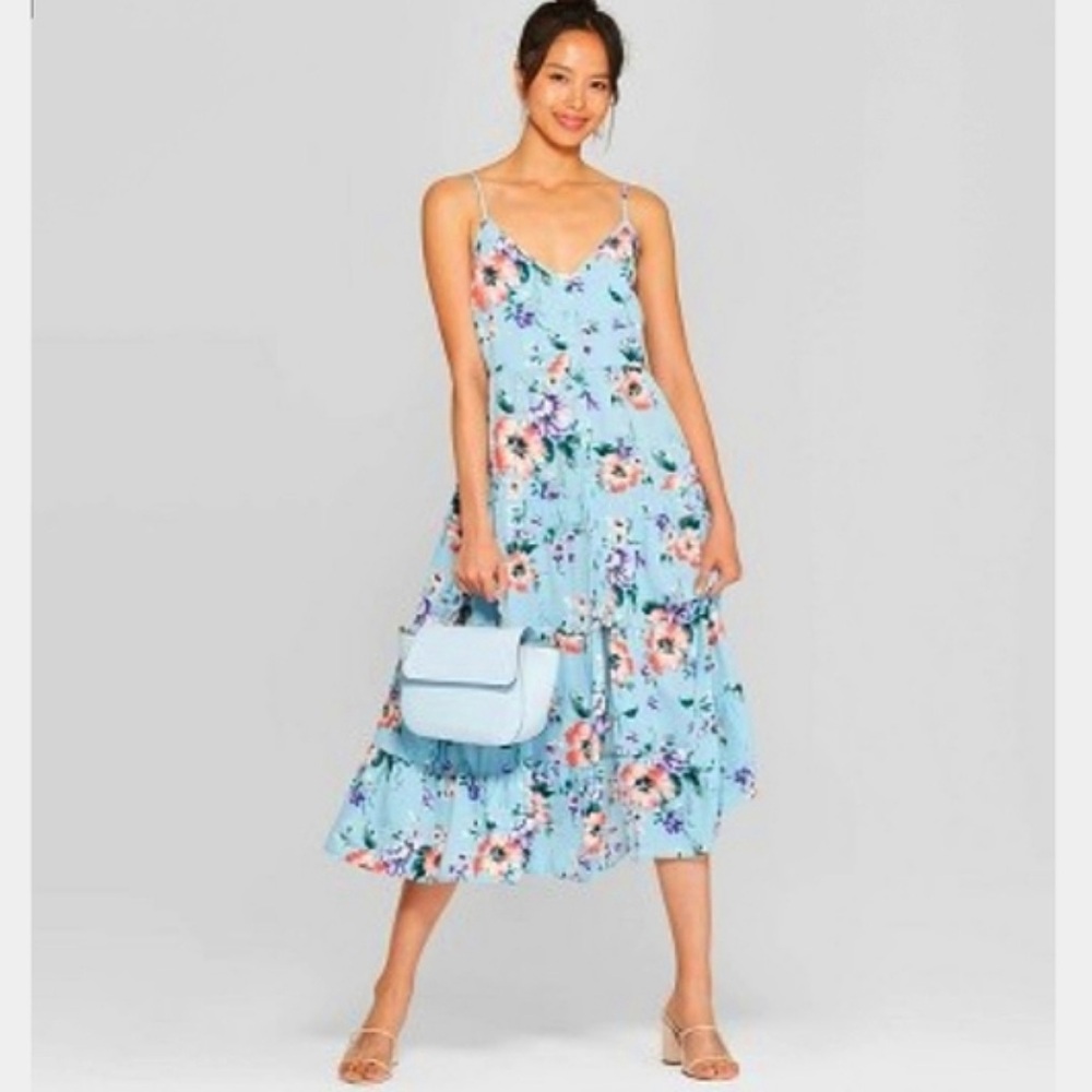 Blue floral tiered maxi dress with tie size M